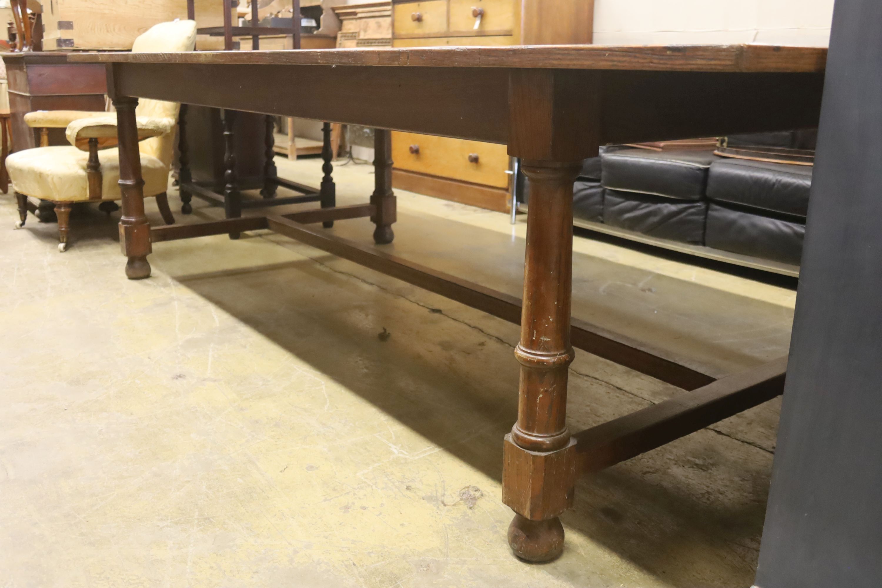 A large oak and pine refectory table, length 274cm, depth 122cm, height 76cm